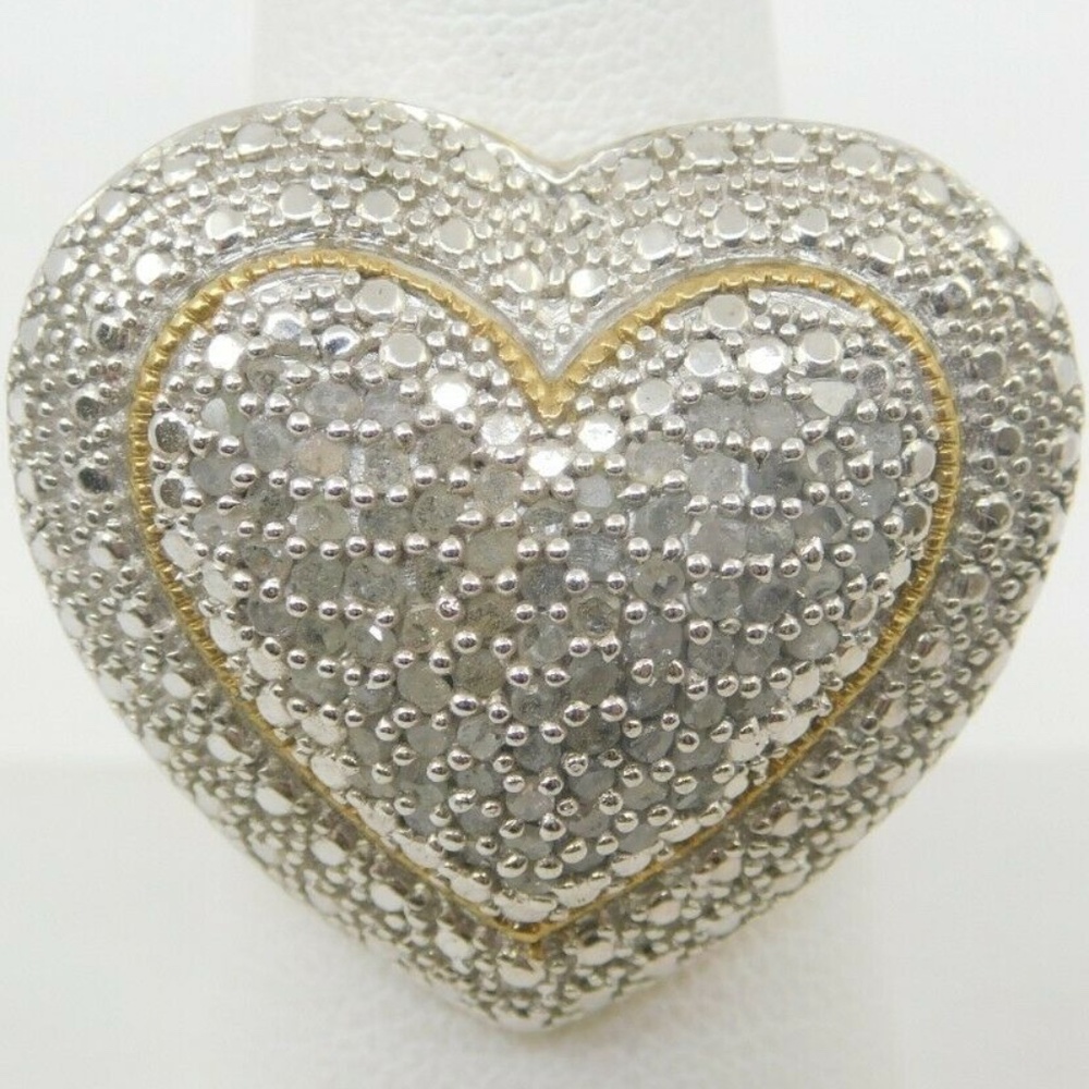 ESTATE 1/3CT DIAMOND HEART RING 10.9 GRAMS SIZE 7 JWBR SILVER GOLD PLATED